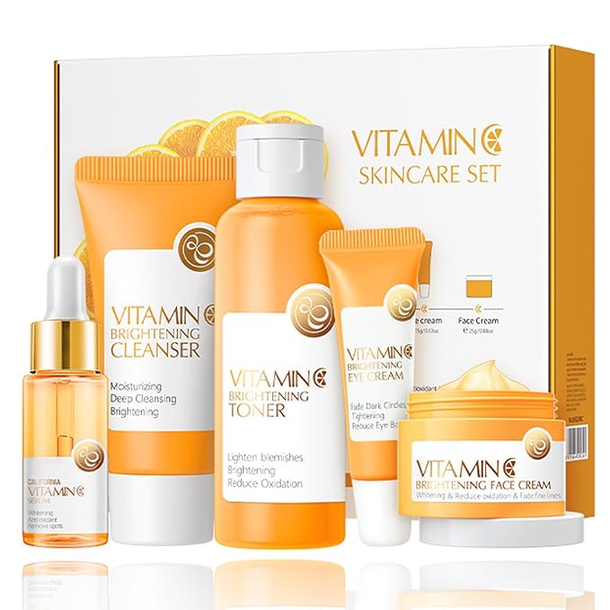 Vitamin C 5-Piece Skincare Set with Cleanser, Toner, Serum, Eye Cream and Face Cream for Skin Brightening skin care set skincare gift set skin care set for Unisex Adult