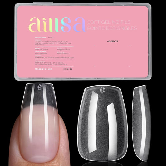 AILLSA Medium Coffin Nail Tips - Pre-shaped False Nail Tips Full Cover Matte Thickened Nails Tips, Fake Nails 450pcs 15 Sizes for DIY