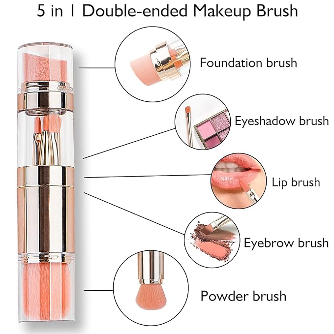 kullder 5-in-1 Makeup Brush Travel Makeup Brush set Dual Ended Mini Makeup Brush Pen Foundation Powder Concealer Shadow Blush Makeup Brushes with 2 Sponge Puff Womens Gift Idea for Beauty Lover