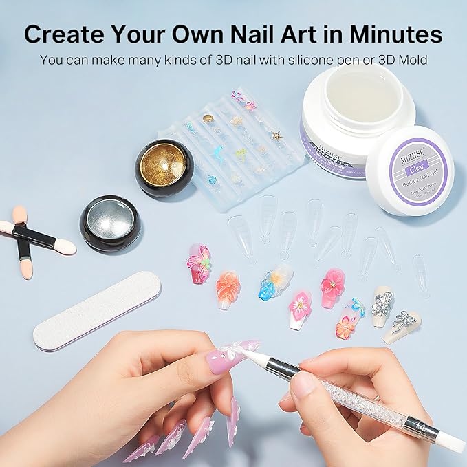 MIZHSE Solid Builder Gel for Nails, Clear 60g 3D Sculpting Gel for Nail Art Non-Sticky Molding Hard Gels UV LED Nail Charm with Gold Chrome Nail Powder and 3D Silicone Flower Mold Kit for DIY Salon