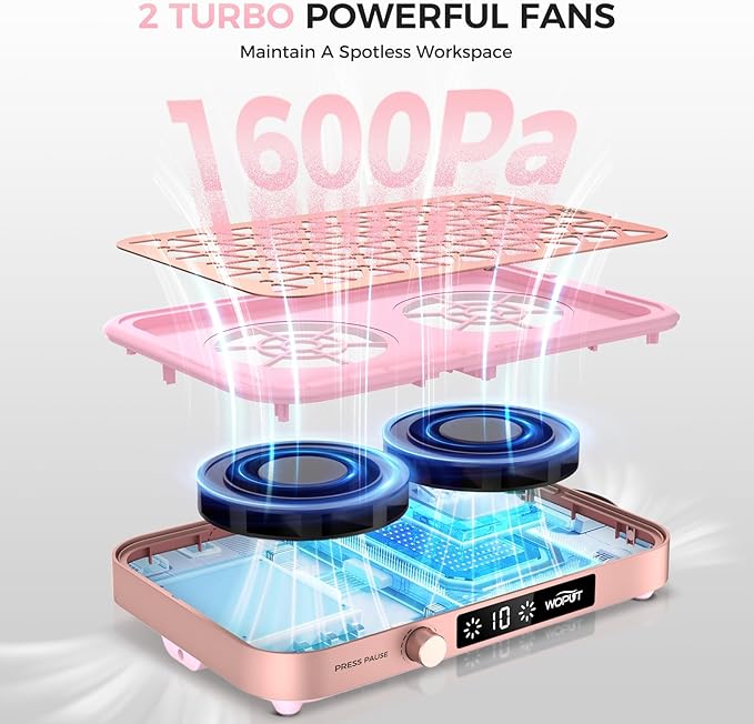 Professional Nail Dust Collector, 1600PA Portable Vacuum Fan Dust Collector with Disposable Filter Paper (30 Pcs) for Nail Polishing & Manicure Pedicure, Low Noise, Nail Salon & Home - Pink