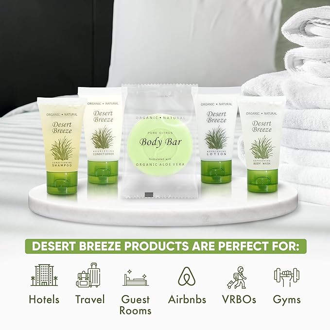 Desert Breeze Hotel Soaps and Toiletries Bulk Set | 1oz Hotel Shampoo & Conditioner, Body Wash, Body Lotion & Bar Soap | Travel Size Toiletries 300 Pieces