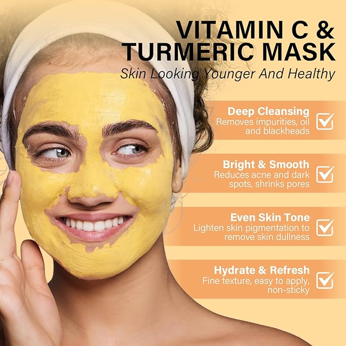 Turmeric Vitamin C Clay Mask -Turmeric Facial Mask - Brightening Clay Face Mask Skincare, Deep Cleansing Face Mask, Acne Face Mask for for Dark Spots, Dull Skin, Refining Pores and Controlling Oil