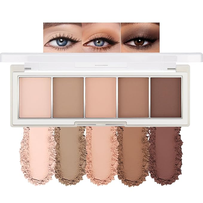 Erinde 5 Colors Matte Eyeshadow Palette Makeup, Natural Classic Nude Neutral Nude Brown Eye Shadow, Long Wearing Waterproof Everyday Eye Makeup for Brown Eyes, Off White Beige, Light to Dark Brown, 01