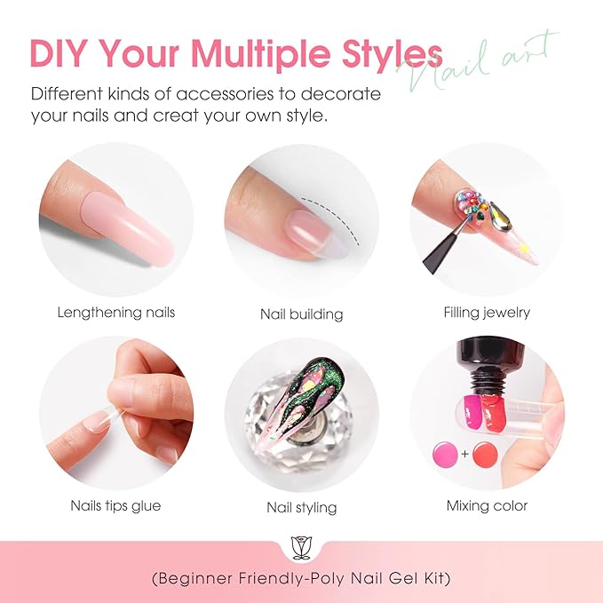ROSALIND 14 Colors Poly Nail Gel Kit with Mini Nail Lamp Pink Brown Poly Nails Gel Kit Starter Kit With Slip Solution Kit Pink Extensions Gelfor Nail Manicure Beginner