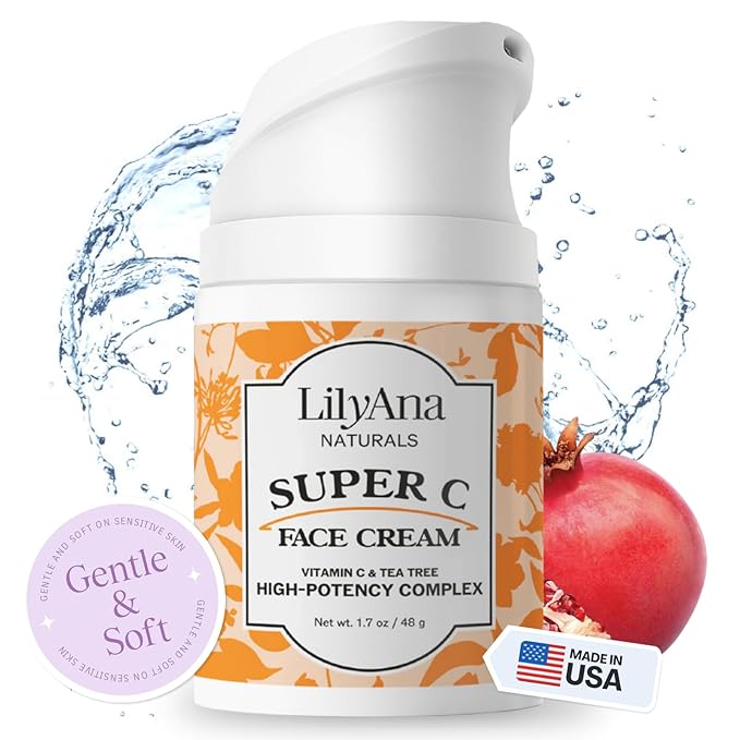LilyAna Naturals Face and Neck Moisturizer for Women and Men - Moisturizer Face and Neck Cream for Dry Skin and Dark Spot Brightening (Super C, 1.7oz)