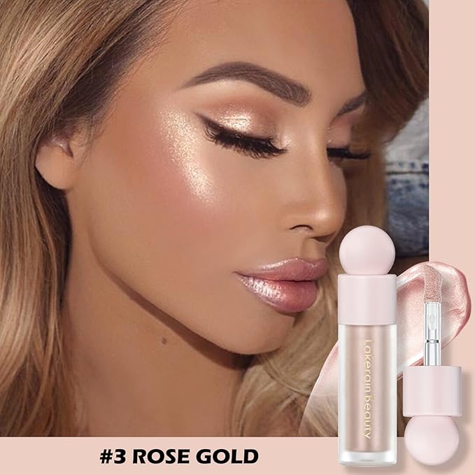Erinde Liquid Highlighter Makeup, Pink Luminizer Face Highlight Makeup Stick, Natural Beauty Glow Finish, Lightweight Blendable Cream Face Body Liquid Illuminator Bronzer, Cruelty-free, 03 Rose Gold