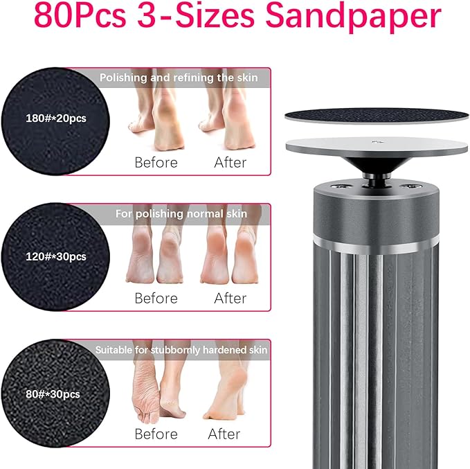 5.3'' Electric Foot Callus Remover with 80pcs Sandpaper Discs & Brush, Professional Aluminum Ergonomic Pedicure Tool, Stepless Speed & Reverse Control for Dead Skin Removal (Grey)