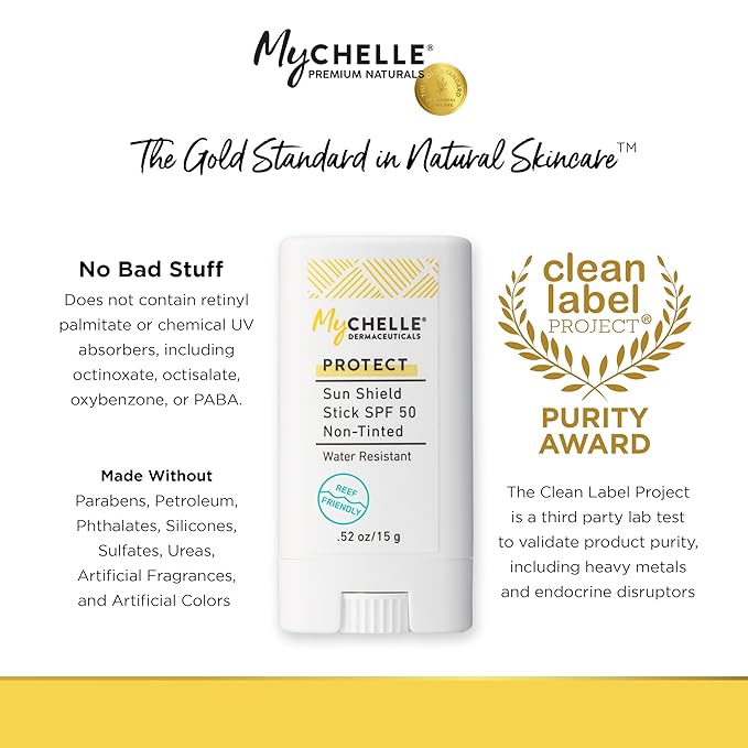Mychelle Dermaceuticals Sun Shield Stick Spf 50 Non-Tinted - Natural Liquid Zinc Sunscreen Vitamin E and Jojoba - Water Resistant up to 80 Minutes - Sunscreen for Face, Reef Safe, Safe for Children