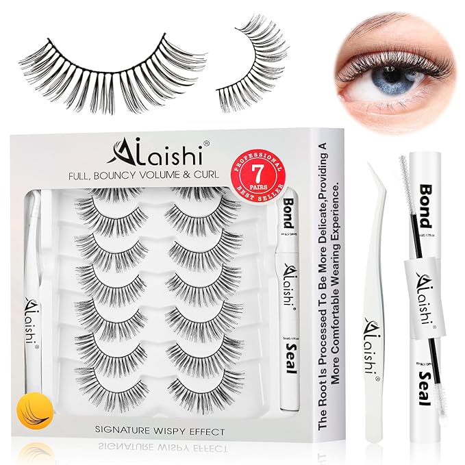 Wispy False Eyelashes Kit With Bond, Seal and Tweezer, 7 Pairs Natural Look Fake Cat Eye Lashes Strips Thin Band Extensions Waterproof Easy Eyelashes for Beginners DF1