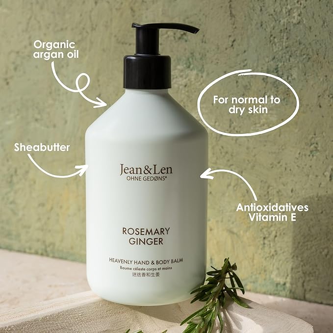 Jean & Len Heavenly Hand & Body Balm Rosemary & Ginger, for a fragrant care experience, with organic argan oil and shea butter, minimalistic bottle, without parabens & silicones, 16.91 Fl. Oz.