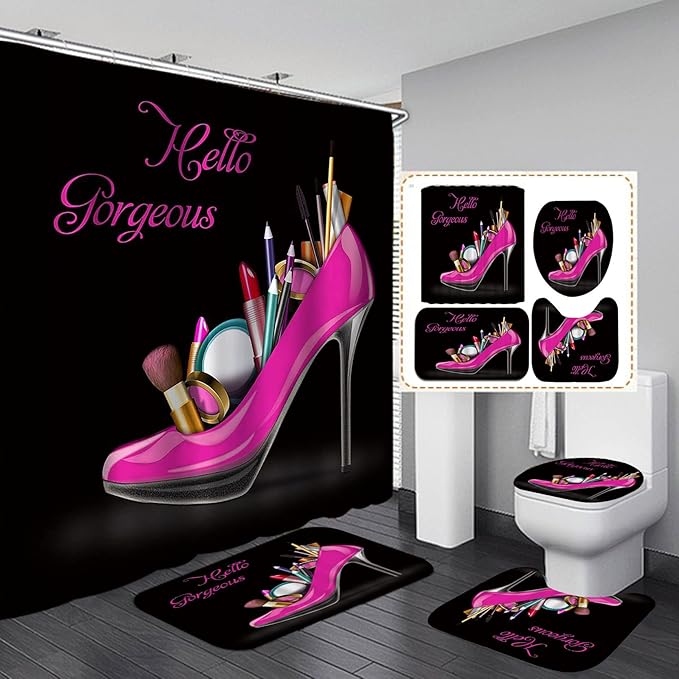 4PCS Hello Gorgeous Shower Curtain Set, Hot Pink High Heels Lipstick Makeup Fashion Girls Women Bathroom Decor, Waterproof Fabric Black Shower Curtain, Non-Slip Bath Mat Toilet Rug, Hot Pink