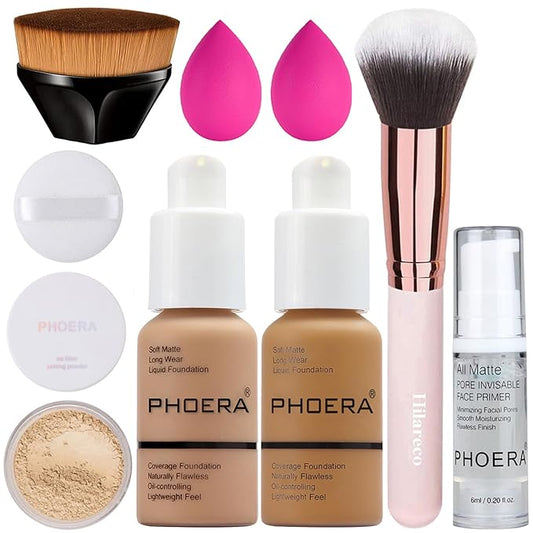 PHOERA Foundation, Full Coverage Foundation, PHOERA Primer, PHOERA Powder, PHOERA Makeup Set, Kabuki Makeup Brushes Foundation Brush Powder Brush,2 Pcs Makeup Sponge (105 Sand+111 Chestnut)