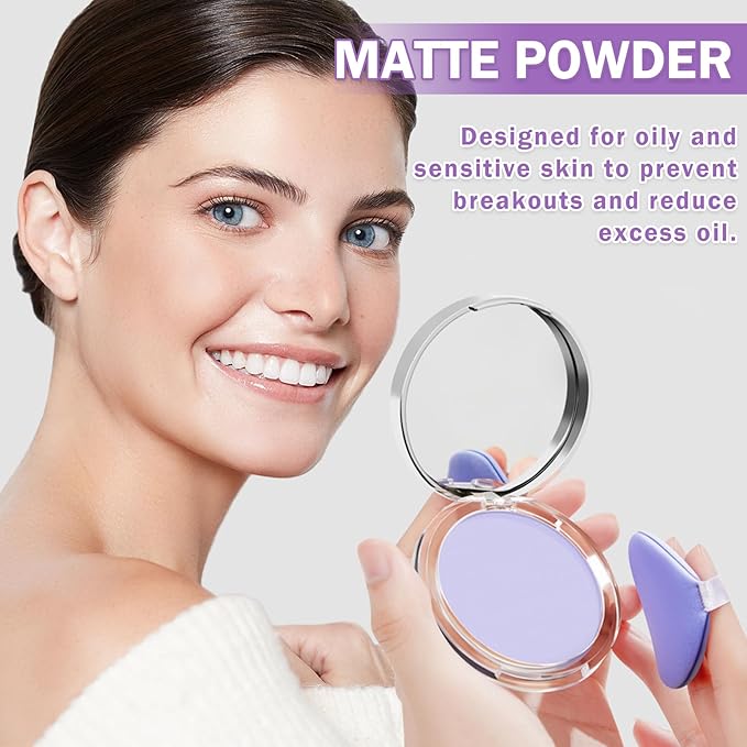 AIUEO Lavender Matte Setting Powder Sunscreen Powder Oil Control Blurring Pressed Powder Refreshing and Comfortable Purple Face Powder Makeup, Polvo Compacto De Maquillaje