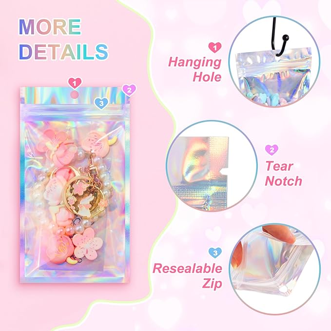 ANZNKU 100 Pack Mylar Bags Reasealable Holographic Bags, Smell Proof Bag Zipper Pouches with Clear Window, Jewelry Candy Sealable Bag for Packaging Sample Party Favor (3 x 4.7 Inch)