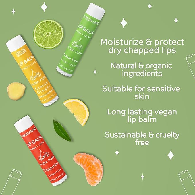 Citrus Lip Balm Collection, Vegan Lip Balm Set, Bees Wax Free, Coconut Oil Free, Avocado Oil, Organic Jojoba Oil, Vitamin E, Natural Moisturizer For Dry Cracked Lips, 3 Tube Set