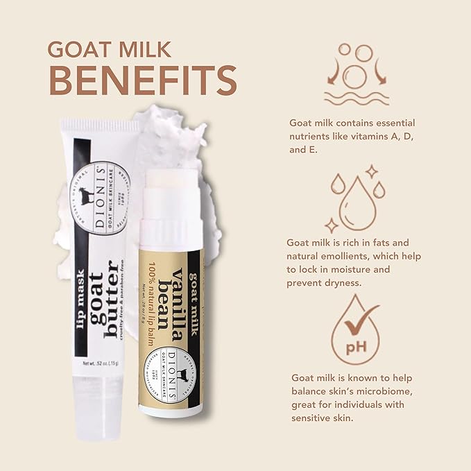 Dionis Goat Butter Overnight Lip Mask & Lip Balm Kit - Goat Milk, Jojoba & Moringa Oils Moisturize & Repair Chapped Lips Overnight while Lip Balm Keeps Moisture Locked In All Day, Vanilla Bean