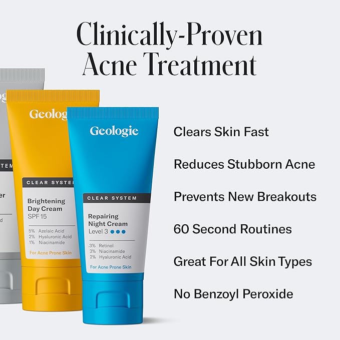 Geologie Clear System | 3-Step Acne Treatment & Skincare Set | Clears Skin Fast | Acne Gel Cleanser, SPF15 Day Cream & Retinol Face Cream For Men & Women | Month 1 / Level 1