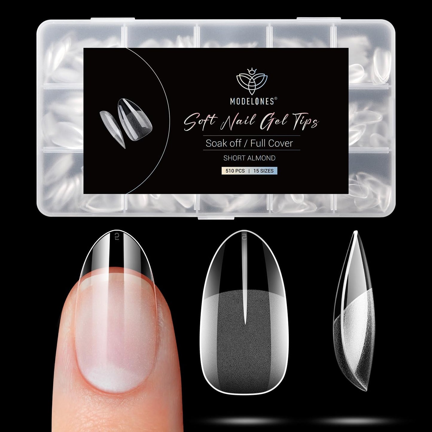 Modelones Short Almond Fake Nail Tips - 510Pcs Gel Tips Pre-shaped Half Matte Full Cover Clear Acrylic Gel Kit False Press on Nails for Extension DIY Salon 15Sizes