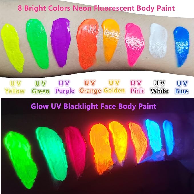 Go Ho Neon Green Body Paint Washable(2.37oz,70ml),under UV Blacklight Neon Face Paint,Water Based Neon Fluorescent Green Face Paint for Adults Children SFX Cosplay Costumes Festivals Halloween Makeup