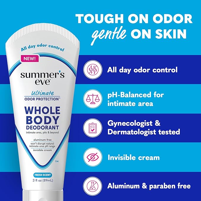 Summer's Eve, Whole Body Deodorant for Women, Ultimate Odor Control, Aluminum Free Deodorant, Fresh Scent, 3 Fl Oz