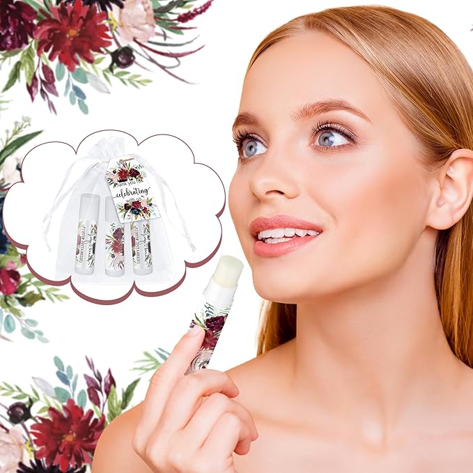 Dunzy 50 Pack Bridal Shower Favors Gifts Bulk Burgundy Floral Lip Balms Party Supplies Wedding Party Favors Bachelorette Prizes Souvenirs Thank You Appreciation Gifts for Guests Women Coworker Staff