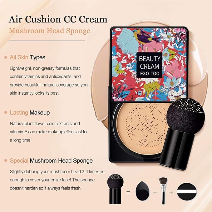 Mushroom Head Air Cushion CC Cream Foundation,Beauty Cream EXO TOO Moisturizing BB Cream, Long Lasting Matte Concealer with 2PCS Mushroom Head Sponges (Natural)