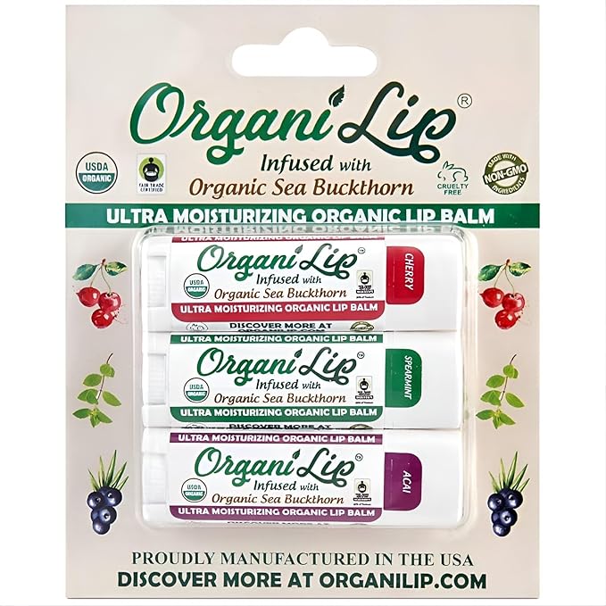 OrganiLip Organic Lip Balm, Variety3 Pack (Spearmint, Cherry, Acai), Ultra Hydrating Lip Moisturizer for Dry Lips, USDA Certified Organic,