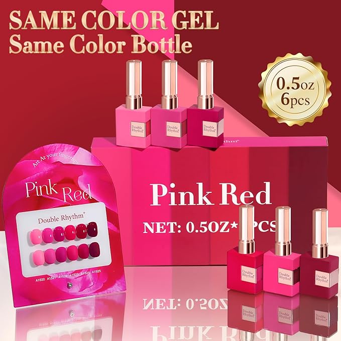 Double Rhythm 6 Pcs 15 ML Gel Polish Set Same Color Same Bottle Soak Off Gel Polish Kit Nail Art Manicure Salon DIY at Home for Women (Neon Light Pink Purple Burgundy Red-T6-8)