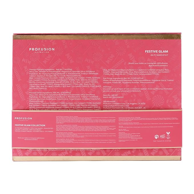 Profusion Cosmetics Sweet Holiday Festive Glam 46 Piece Eye and Face Essentials for Holiday Sparkle, Ultimate Holiday Glam Set With Highlighter, Blush, Contour, and More
