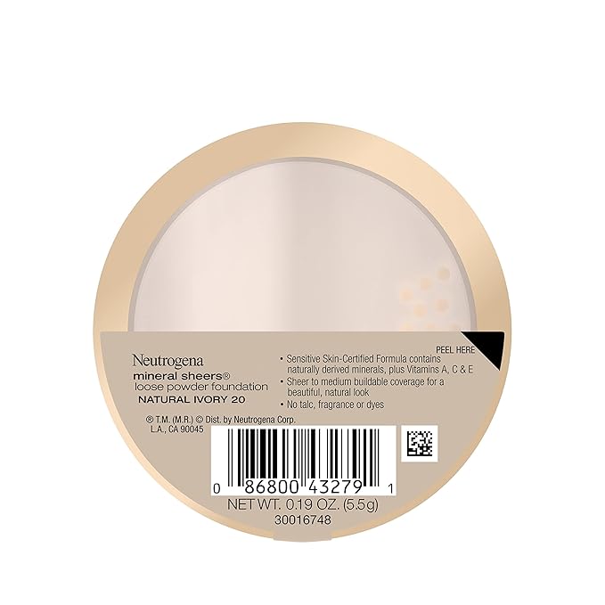 Neutrogena Mineral Sheers Lightweight Loose Powder Makeup Foundation with Vitamins A, C, & E, Sheer to Medium Buildable Coverage, Skin Tone Enhancer, Face Redness Reducer, Natural Ivory 20,.19 oz