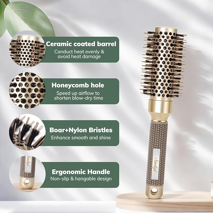Round Brush for Blow Drying, Nano Thermal Ceramic & Ionic Tech Hair Brush with Boar Bristles, Professional Round Barrel Brush for Styling, Curling and Straightening by Sndyi (2.3Inch, Barrel 1.3 Inch)