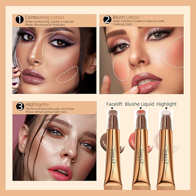 3 Pcs Beauty Wand For Liquid Contour Highlighter and Blush Rouge with Cushion Applicator Attached Easy to Blend, Lightweight Blendable Super Silky Cream Face Illuminator Makeup Stick