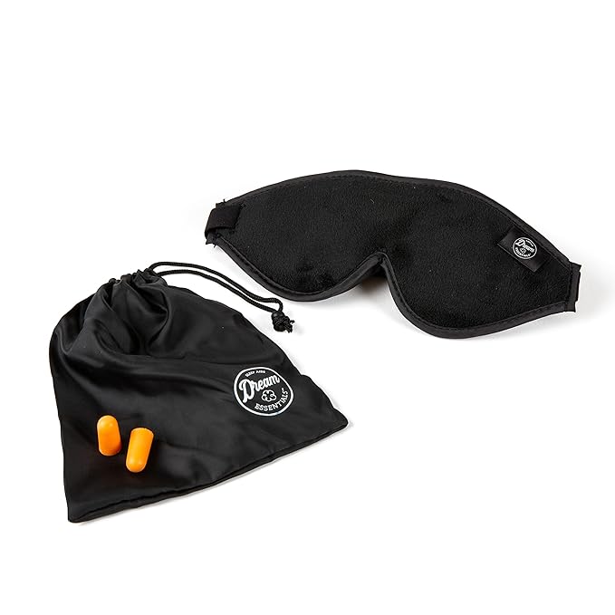 Dream Essentials - Escape 3D Sleep Mask, Earplugs and Carry Pouch Set, Molded Eye Shade for Men and Women, Contoured, Nose Bridge, Light Block, Memory Foam, Gift Set, Travel, Yoga, Blindfold - Black
