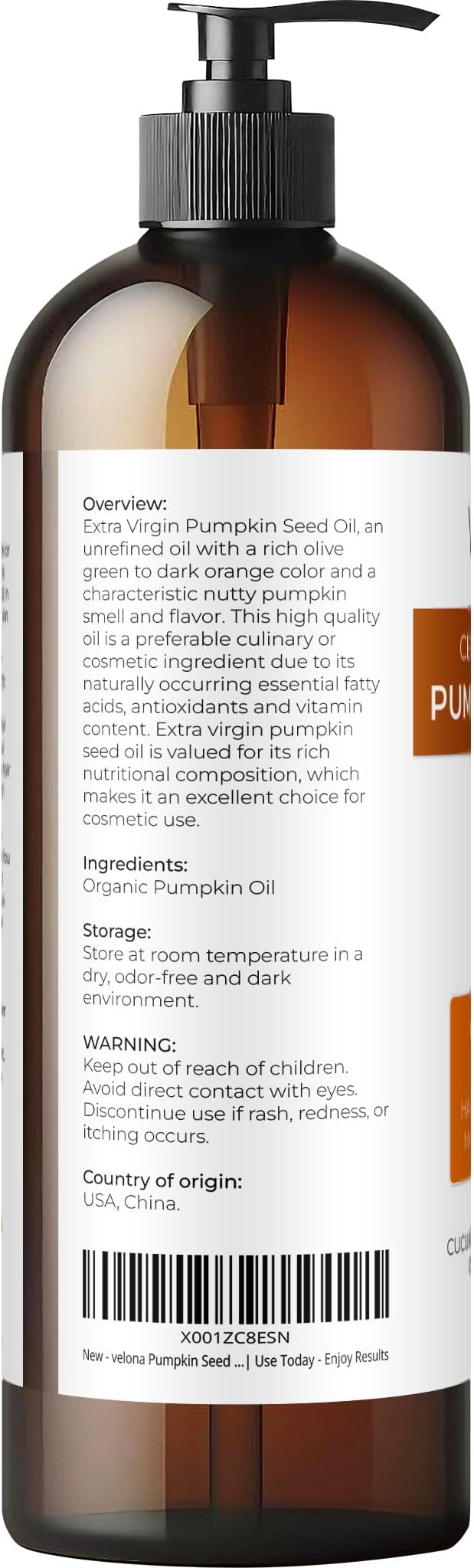 velona Pumpkin Seed Oil USDA Certified Organic - 16 Fl Oz | 100% Pure and Natural Carrier Oil | Unrefined, Cold Pressed | Cooking, Face, Hair, Body & Skin Care | Use Today - Enjoy Result