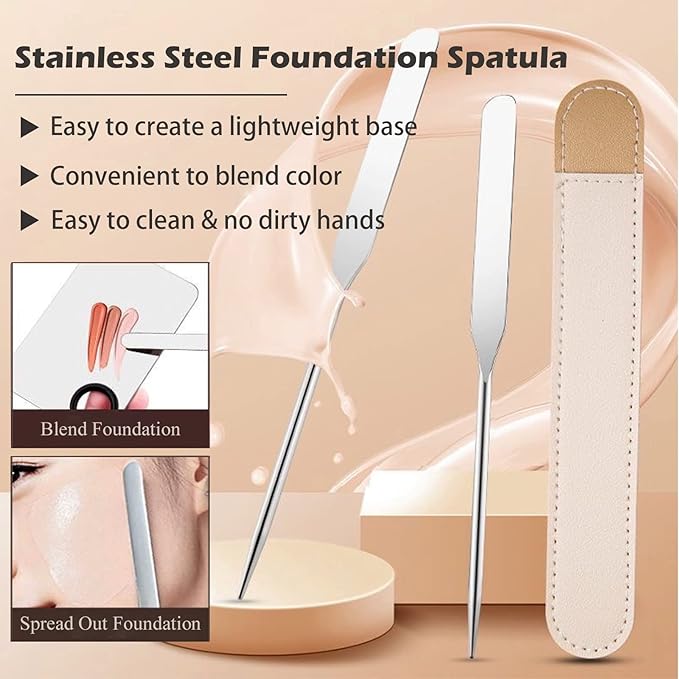 Picasso Makeup Spatula and Palette Set, Korean Makeup Spatula with Leather Cover, Stainless Steel Makeup Palette with Scraper Tool, Metal Foundation Palette for Cosmetic Pigment Blending（SS）