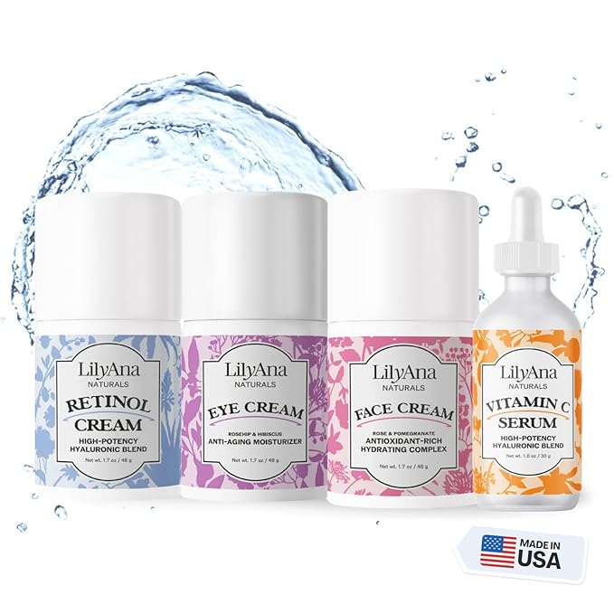 LilyAna Naturals Skincare Gift Set - Retinol Cream, Vitamin C Serum, Eye Cream and Face Cream Moisturizer - Anti Aging Skin Care Sets for Women