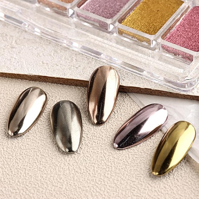 6 Colors Solid Chrome Nail Glitter Powder Set Metallic Mirror Chrome Powder for Nails, Gold Rose Gold Champagne Mutil Colors Palette Nail Pigment Powder Manicure Nail Art Decorations