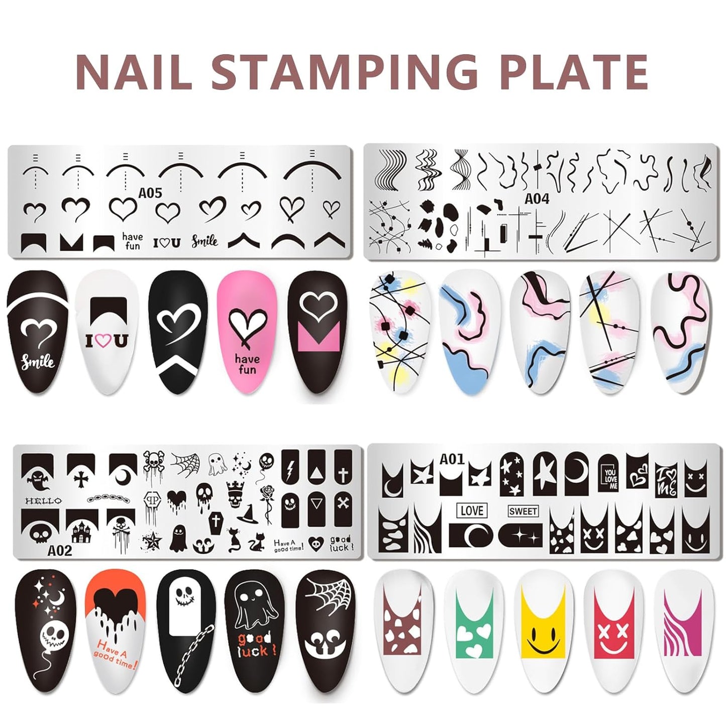 AddFavor Nail Stamper Kit 8pcs Nail Stamping Plates French Geometric Heart Star Image Nail Stencils with Silicone Stamp and Scraper for Women Girls Summer Nail Art Design Supplies Tools