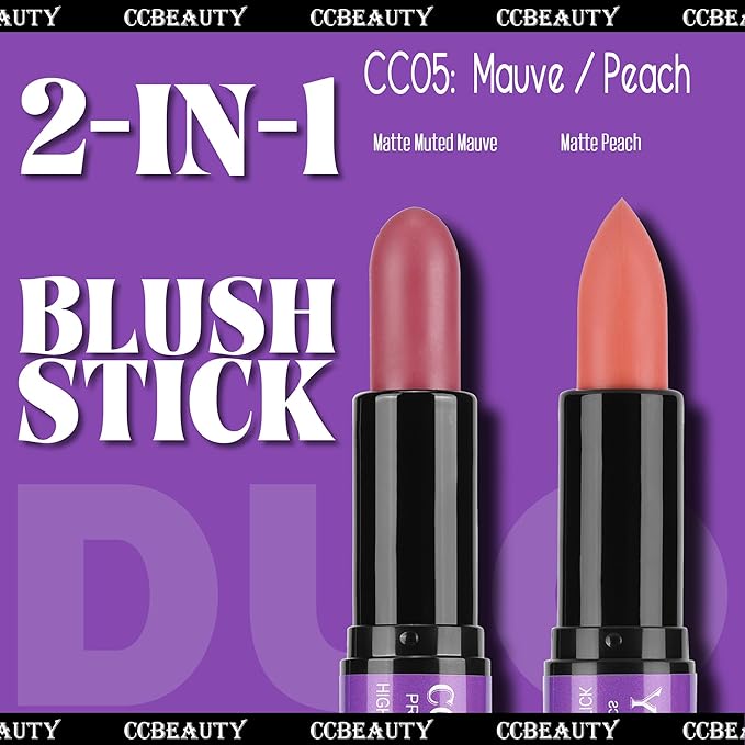 CCbeauty 2pcs 2-IN-1 Matte Contour Highlighter Stick with Blush,Cream Dual-End Highlight Bronzer Concealer & Blusher for Cheeks & Lip, Long Lasting Contouring for Face Shaping Makeup, Medium-Tan