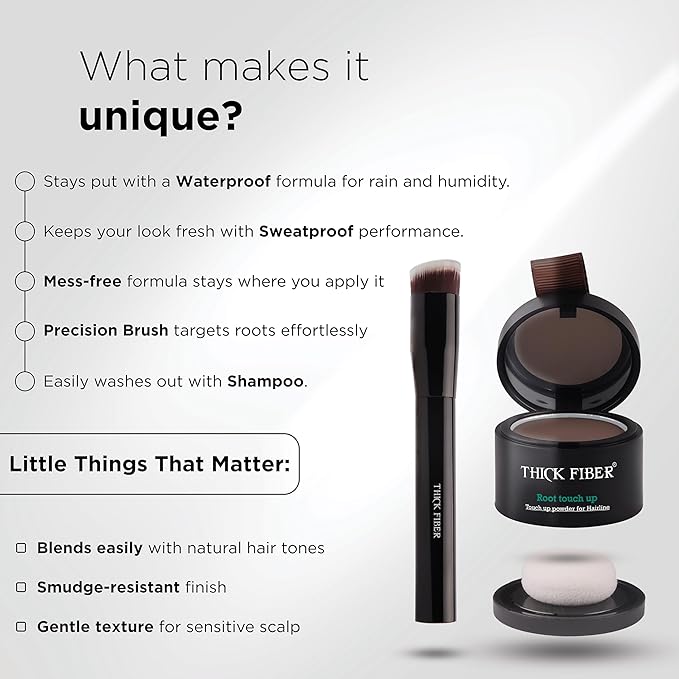 Thick Fiber Root Touch Up Powder, Medium Brown - Water & Sweat Resistant Hair Loss Concealer Set with Brush for Thin Hairlines and Gray Root Coverage