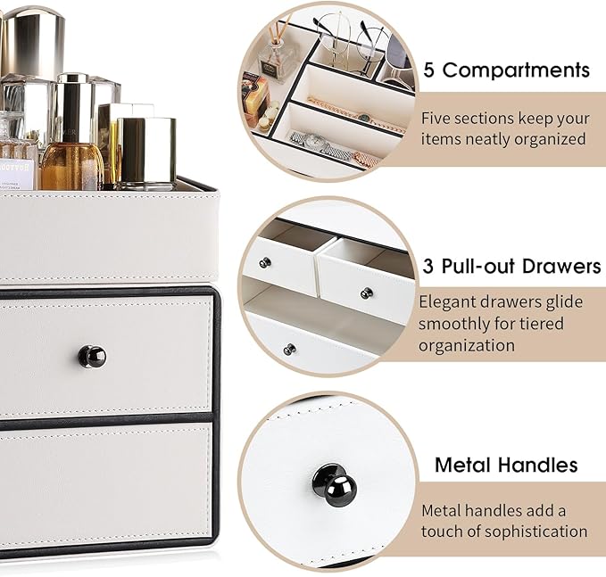 GORESE Leather Makeup Organizer with Drawers for Vanity, Stackable Skincare Holder Dresser Organizer Countertop, Make Up Storage Organizers Counter Cosmetic Display Case Gifts for Women(Cream White)