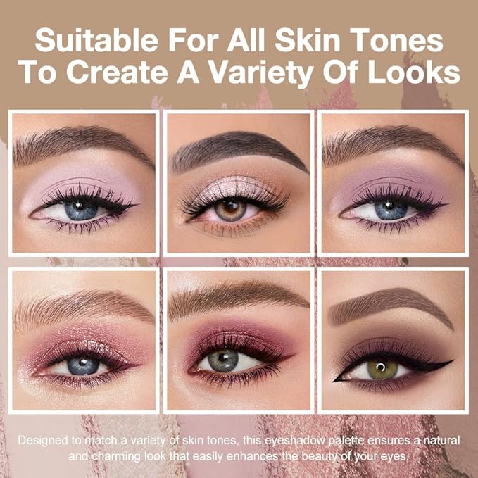 evpct 6 Colors Pink Eyeshadow Palette, Nude Pink Plum Mauve Champagne Rose Orchid Wine Red Glitter Shimmer Matte High Pigment Mini Travel Eye Shadow Palette Makeup for Older Women, Built in Mirror