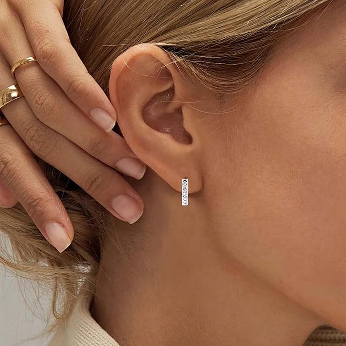 Geometric Crystal Bar Earrings Silver Cz Bar Stick Earrings Cz Rhinestone Bar Stud Earrings Silver Minimalist Earrings Jewelry for Women and Girls