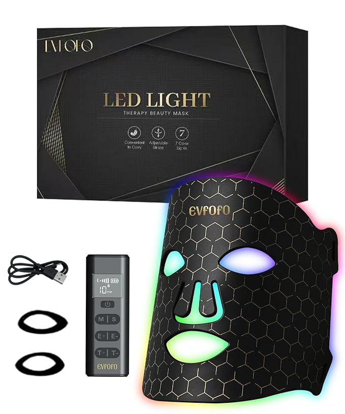 Led Face Mask Light Therapy, Red Light Therapy for Face, 7-1 Colors LED Facial Skin Care Mask, Black