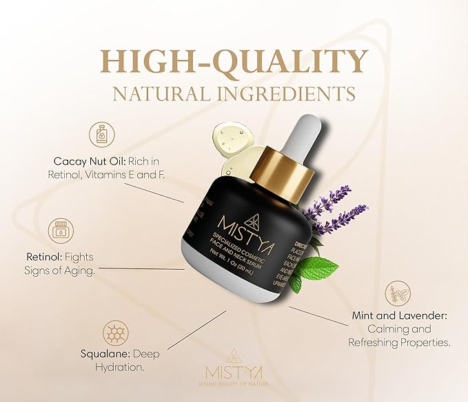 Anti Aging Specialized Face and Neck Serum with Cacay oil, Extra Vitamin E, Lavender and Peppermint Oils, 1 oz, high in retinol.