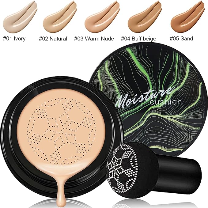 PHOERA Foundation Full Coverage Makeup, Mushroom Head Air Cushion CC Cream Natural Foundation, PHOERA Primer, PHOERA Powder, Brushes Foundation Brush,2 Makeup Sponge(102Nude+ 02Natural CC)