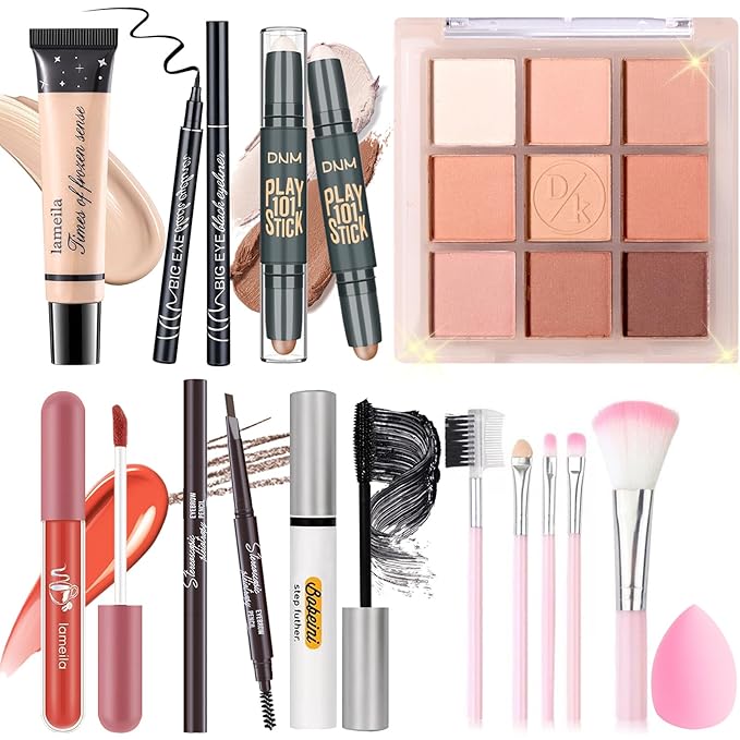 Makeup Set Kit for Women Girls Teens, Makeup Present Set, Includes 9 Color Eyeshadow, Counter Stick, Foundation, Eyebrow Pencil, Eyeliner, Mascara, Lip Gloss, 5Pcs Brushes, Sponge