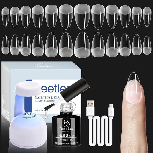 Beetles Gel Nail Extension Kit Almond Shape, Easy 9 in 1 Glue Uv Led Set Etch X Nail Tips Short Almond Half Matte Tips, Gift for Women & Girls, 504 pcs