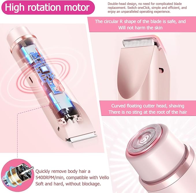Bikini Trimmer for Women, Waterproof Bikini Shaver with Dual Head Design, Cordless Rechargeable Shaver for Women Private Area, Gentle Wet & Dry Hair Removal for Bikini Line & Underarms